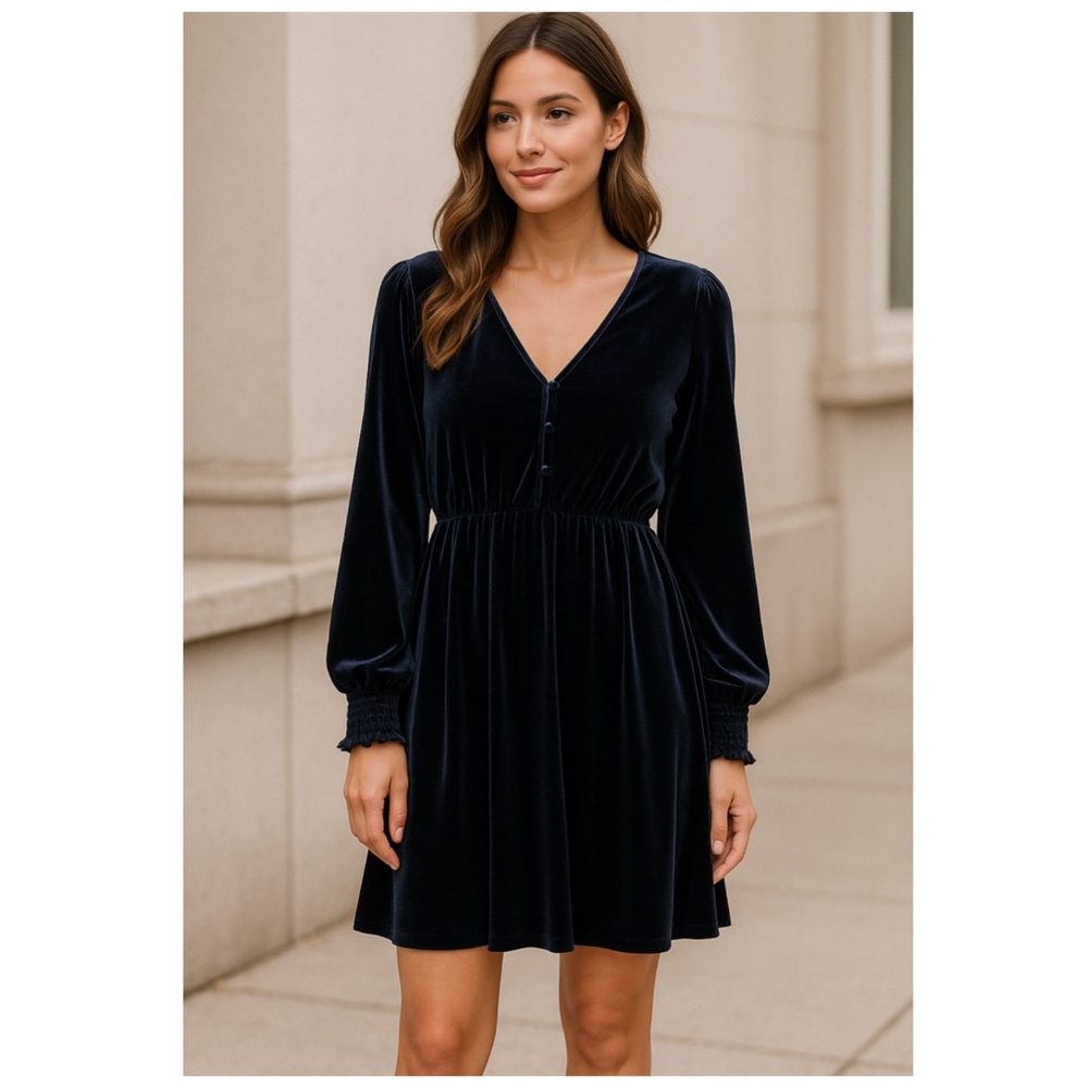 MSK Velvet Mini Dress Navy Blue Long Sleeve V Neck XL Holiday